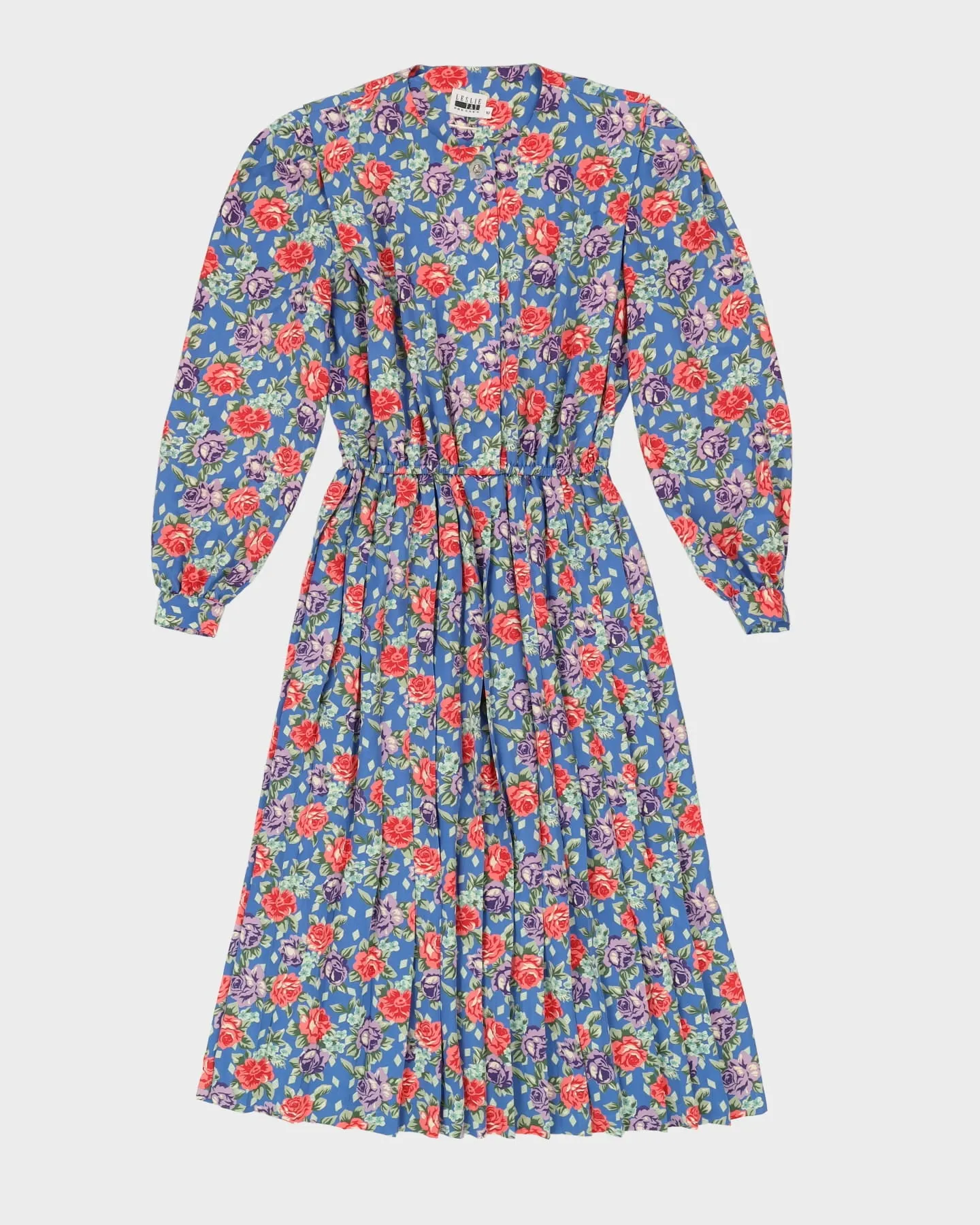 00s Blue Floral Long Sleeve Dress - M / L