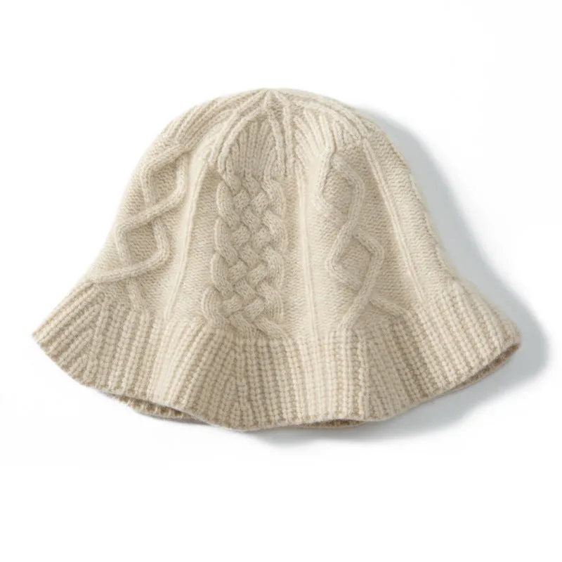 100% Cashmere Women's Thickened Cable Knit Designer Bucket Hat