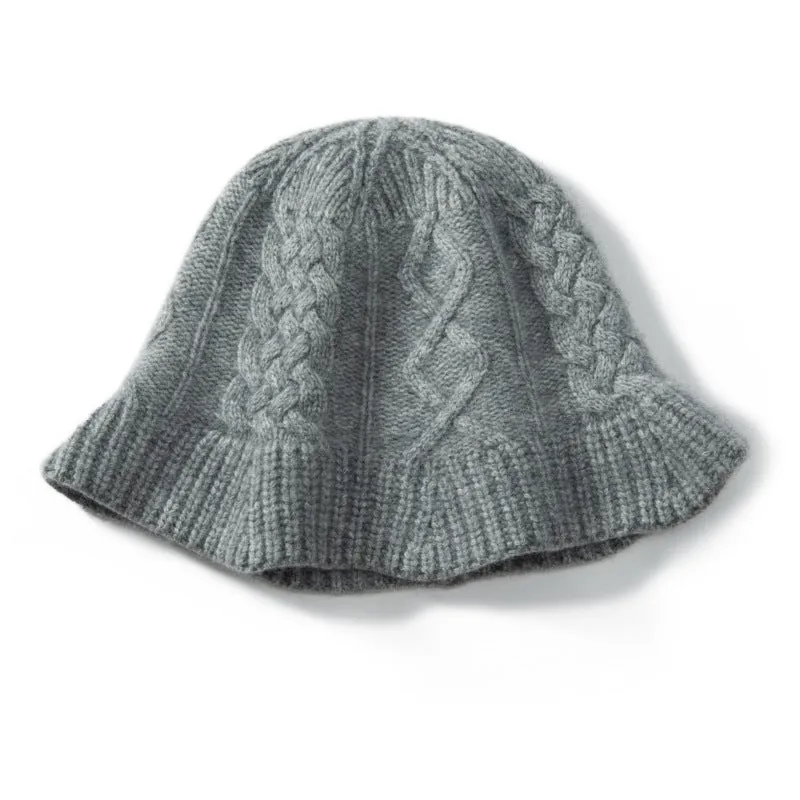 100% Cashmere Women's Thickened Cable Knit Designer Bucket Hat