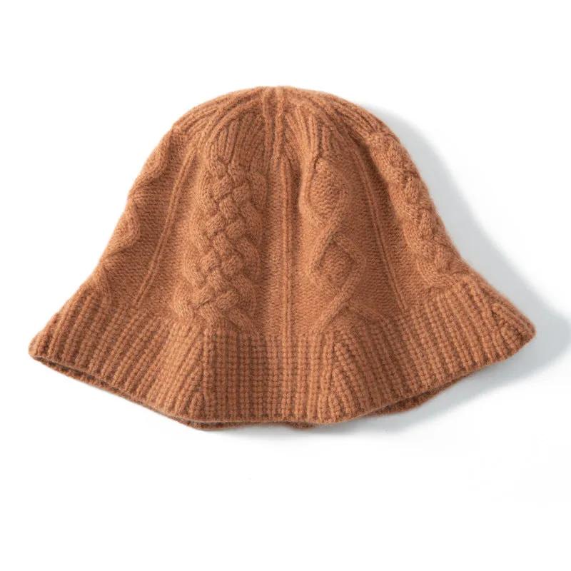 100% Cashmere Women's Thickened Cable Knit Designer Bucket Hat