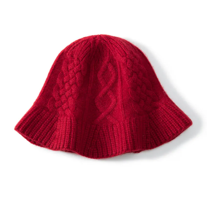 100% Cashmere Women's Thickened Cable Knit Designer Bucket Hat