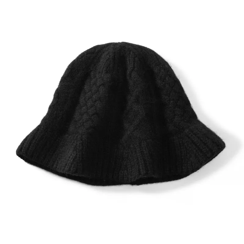 100% Cashmere Women's Thickened Cable Knit Designer Bucket Hat