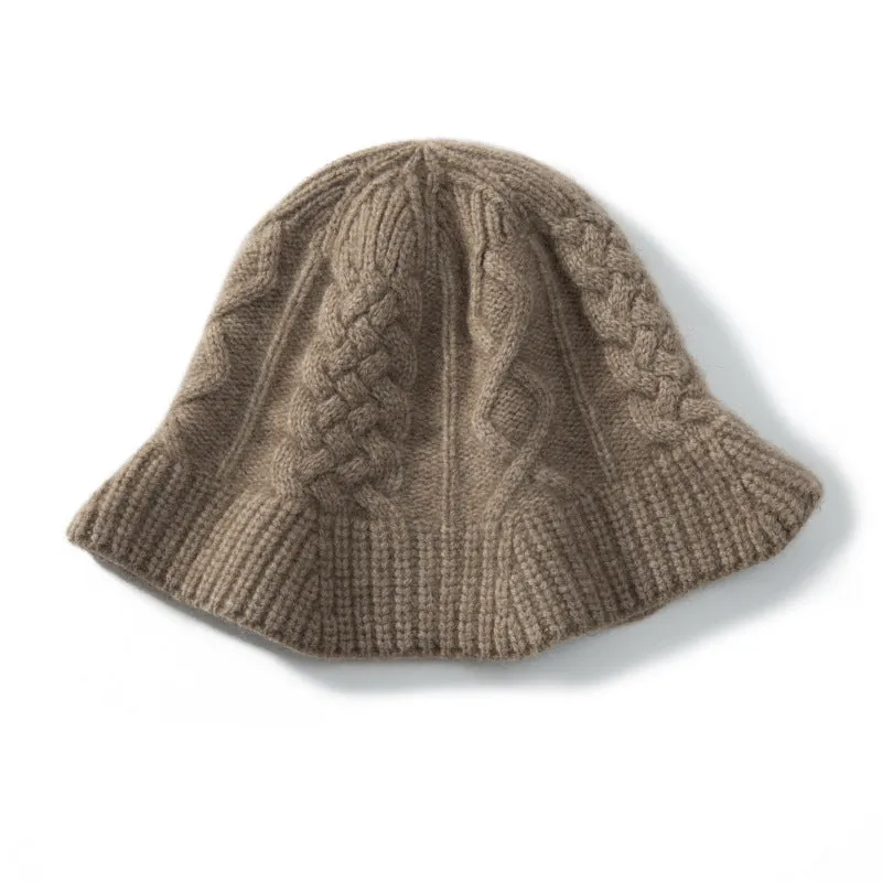 100% Cashmere Women's Thickened Cable Knit Designer Bucket Hat