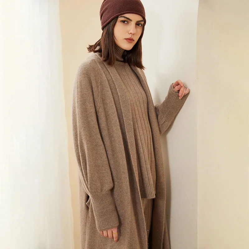 100% Pure Women's Cashmere Coat Open Front Mid-Length Loose Long Sleeve Cashmere Cardigan with Pocket