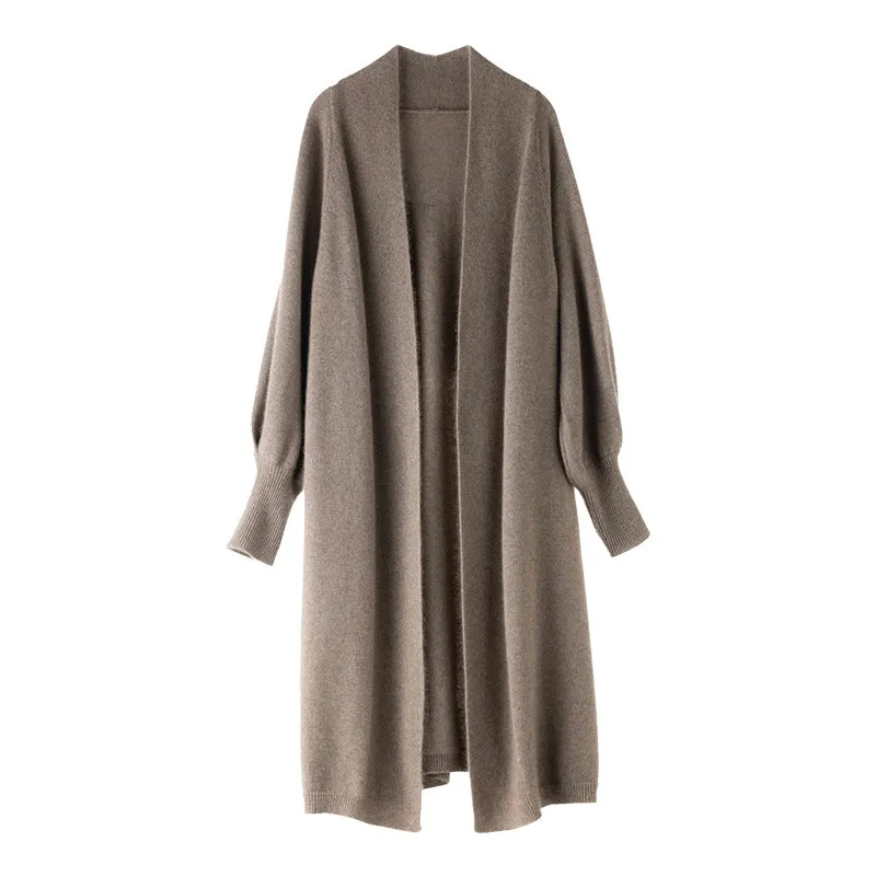 100% Pure Women's Cashmere Coat Open Front Mid-Length Loose Long Sleeve Cashmere Cardigan with Pocket