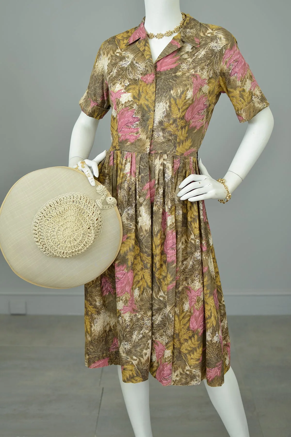 1950s Taupe Gold Pink Feathery Leaf Novelty Print Shirtwaist Dress