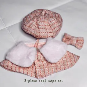 3-Piece Pink Plaid Vintage Style Pet Coat Cape With Fur Collar Set