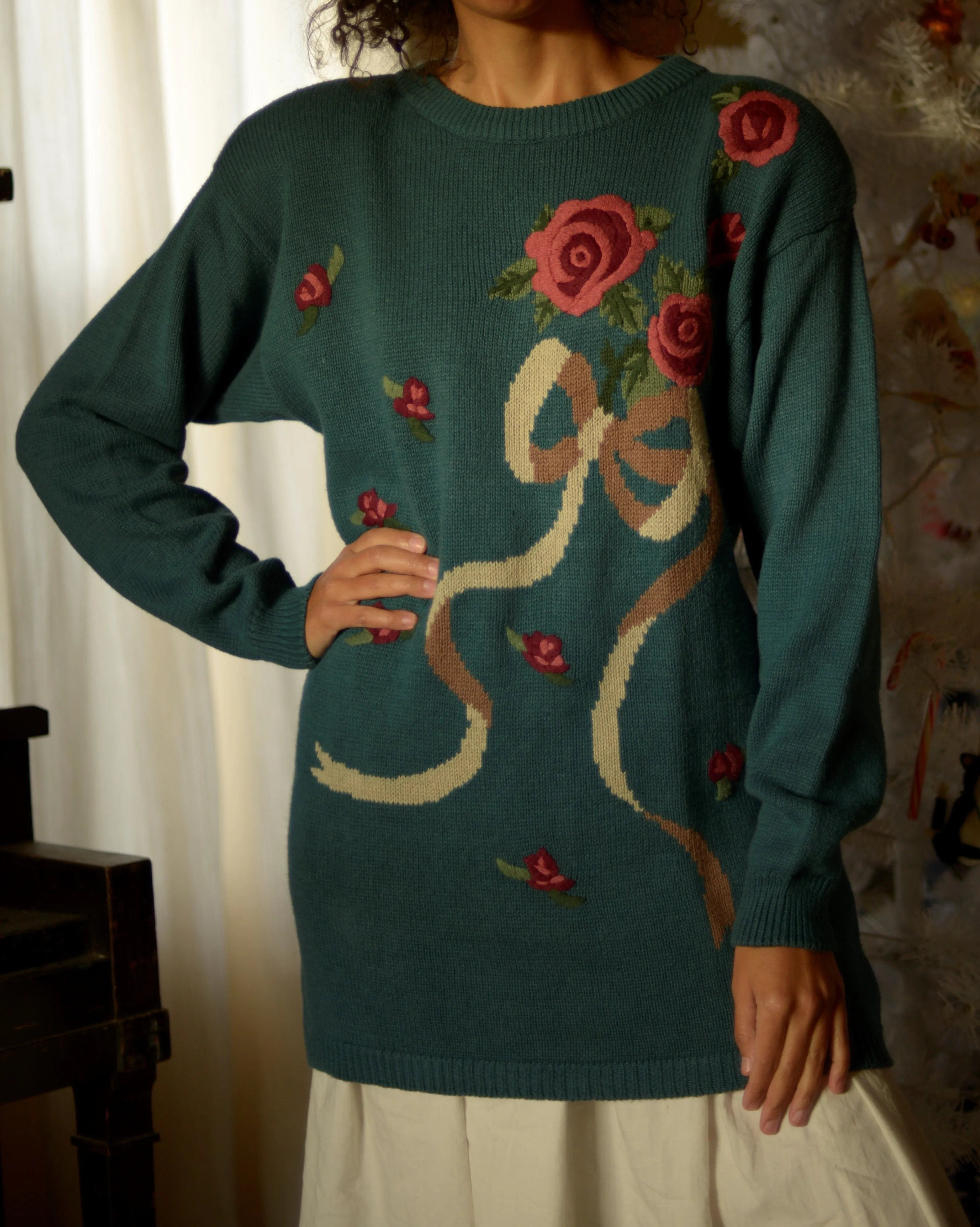 90s cotton ramie linen embroidered rose motif oversized sweater