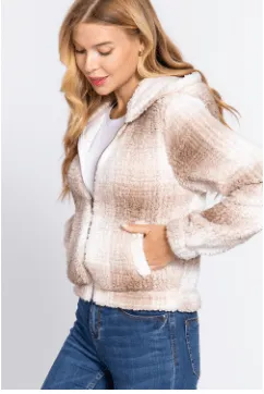 A Basic Long Sleeve side pocket chk print faux fur hodie Jacket - J13360