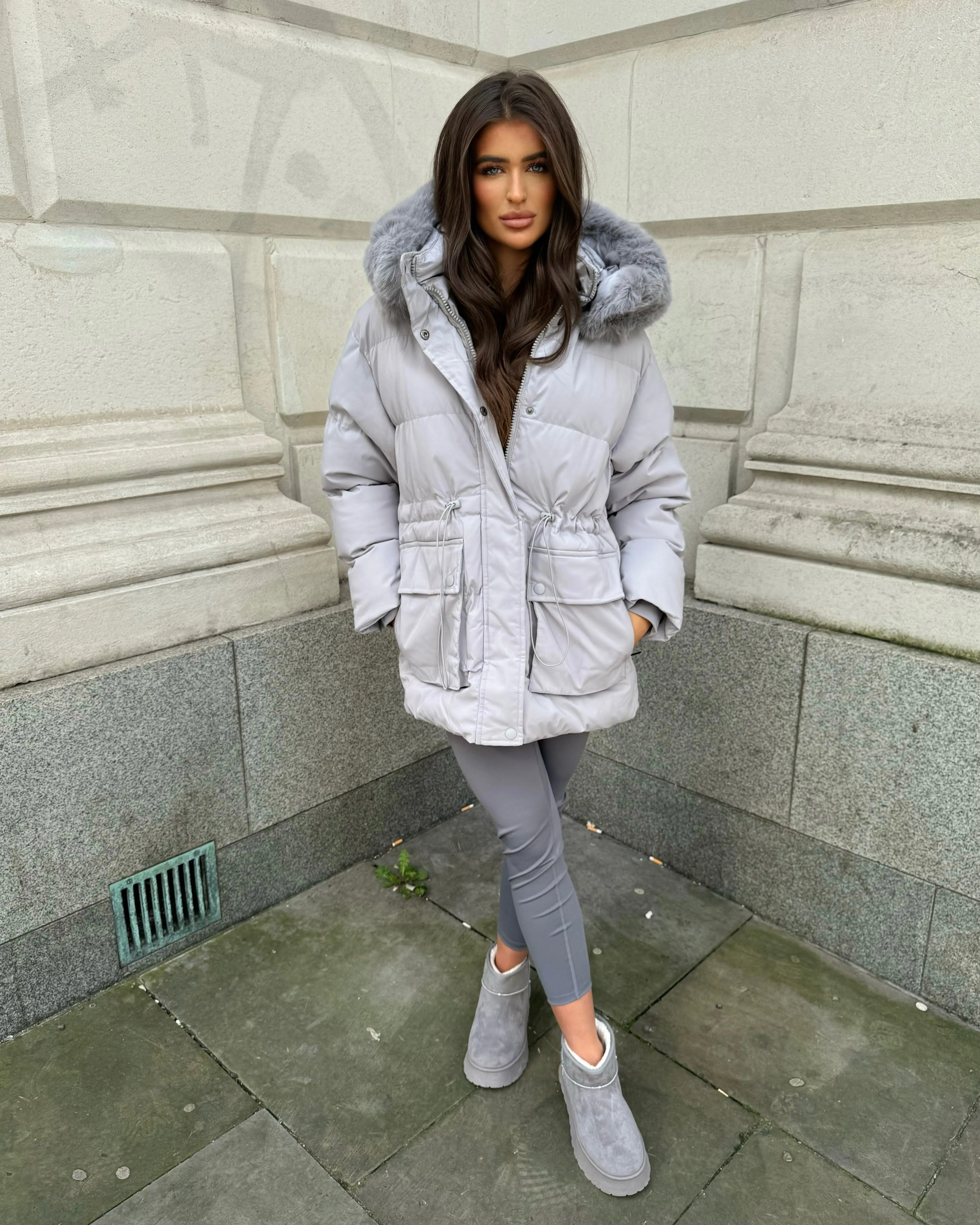 Aaliyah Padded Faux Fur Hooded Coat - Grey