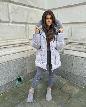 Aaliyah Padded Faux Fur Hooded Coat - Grey