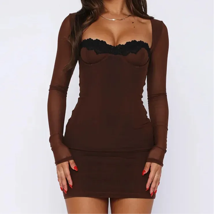 A&A Long Sleeve Lace Square Collar Bodycon Mini Dress