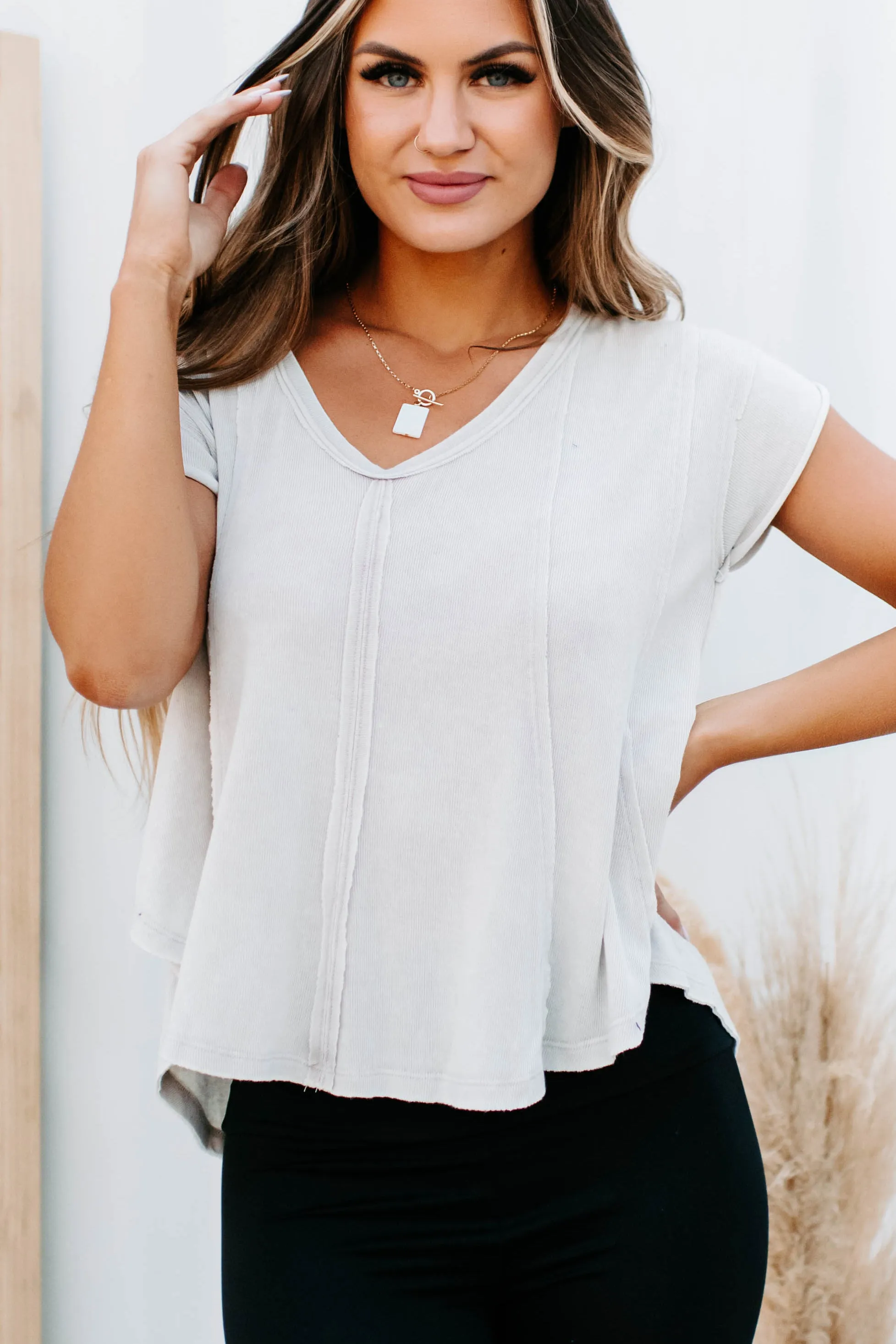 Alejandra Raw Edge V-Neck Top (Taupe)