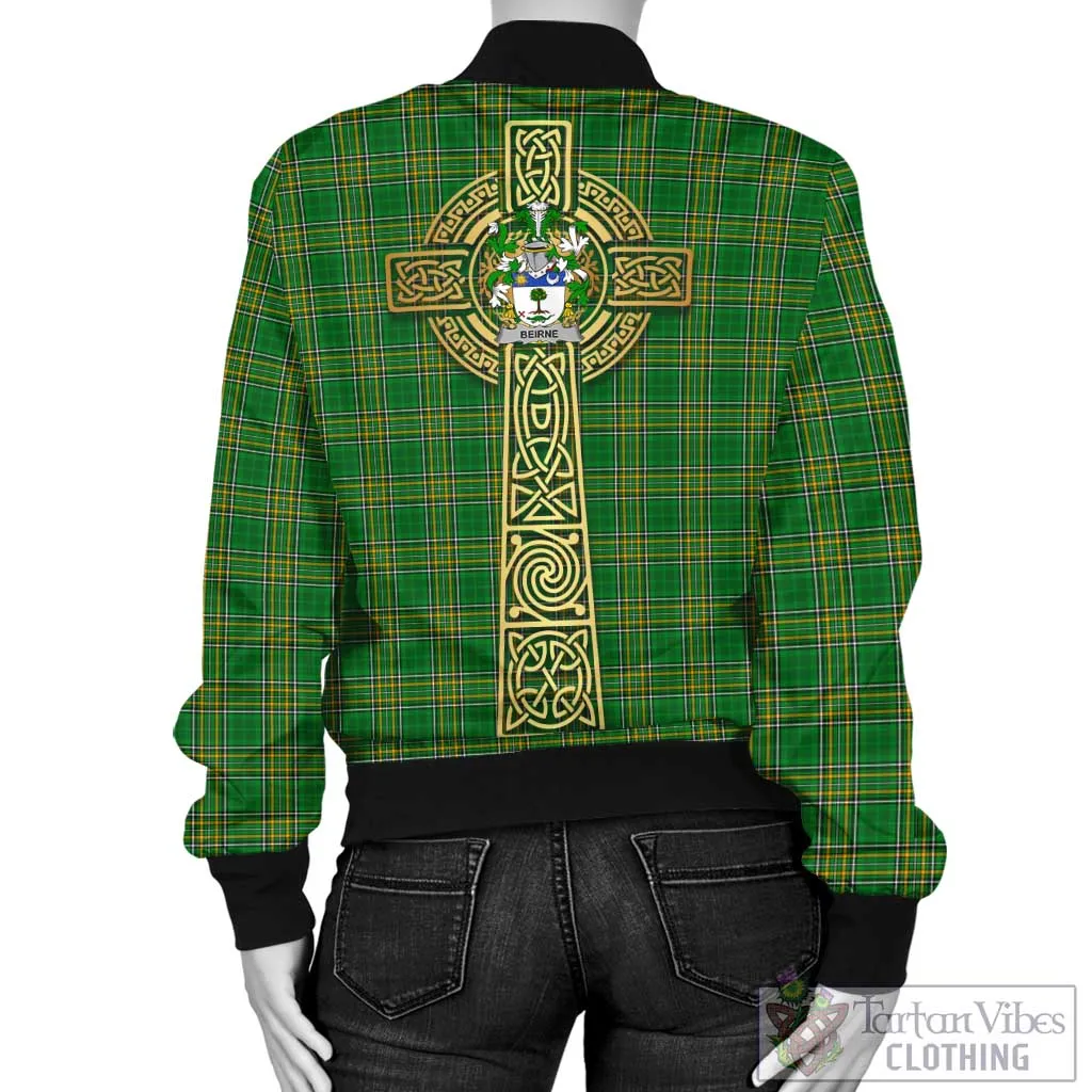 Beirne Irish Clan Tartan Bomber Jacket with Coat of Arms Celtic Tree of Life Style