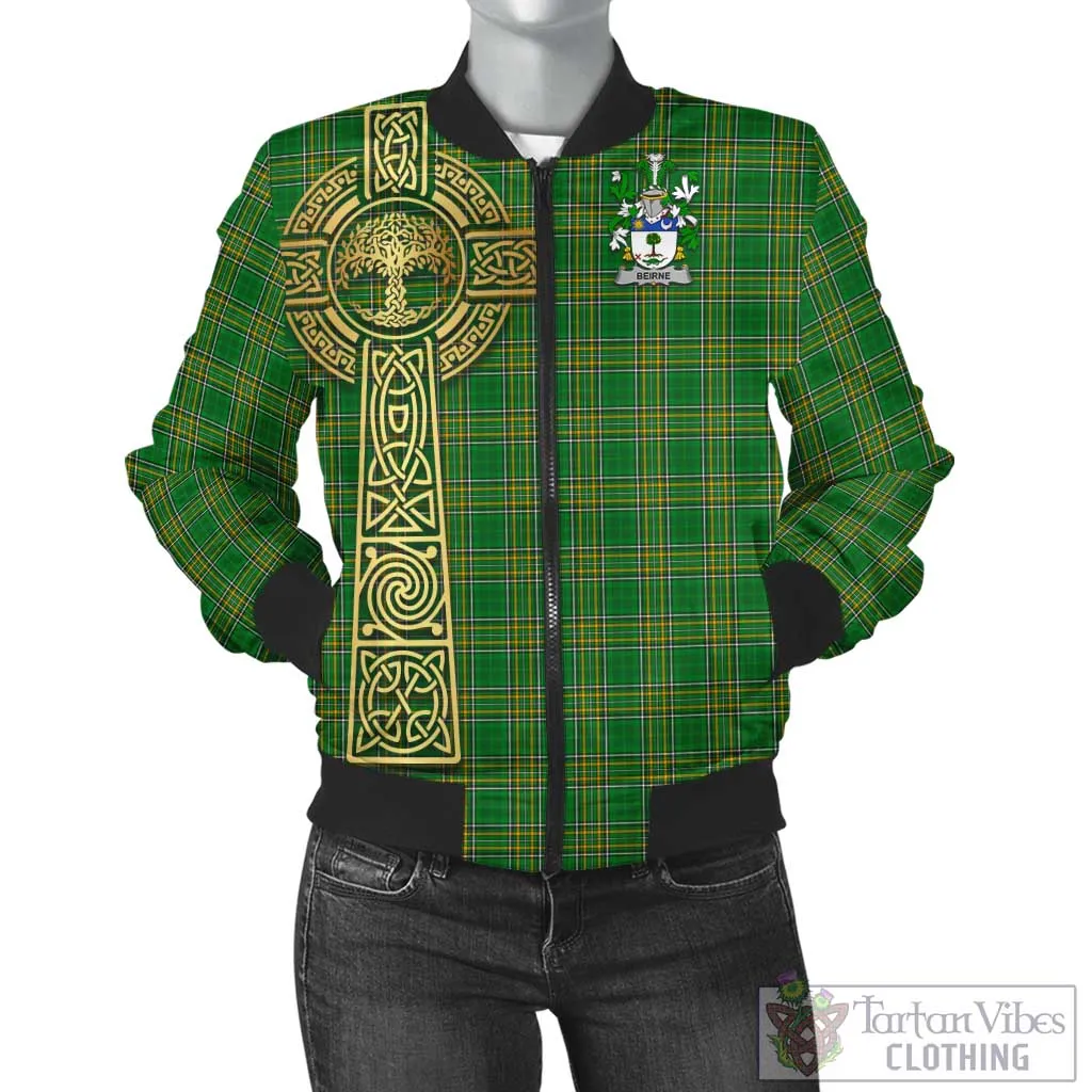 Beirne Irish Clan Tartan Bomber Jacket with Coat of Arms Celtic Tree of Life Style