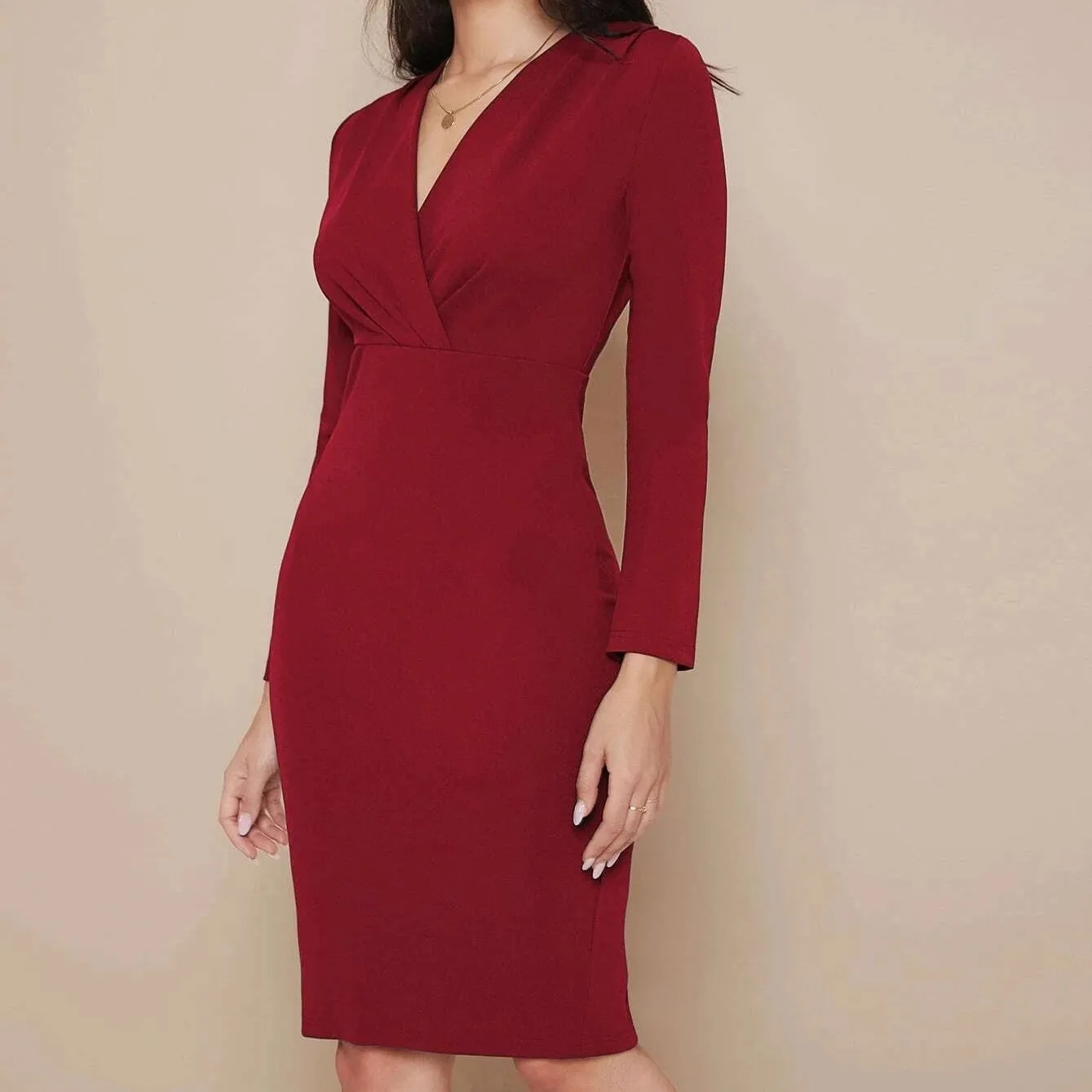 Belle Surplice Neck Split Hem Solid Dress