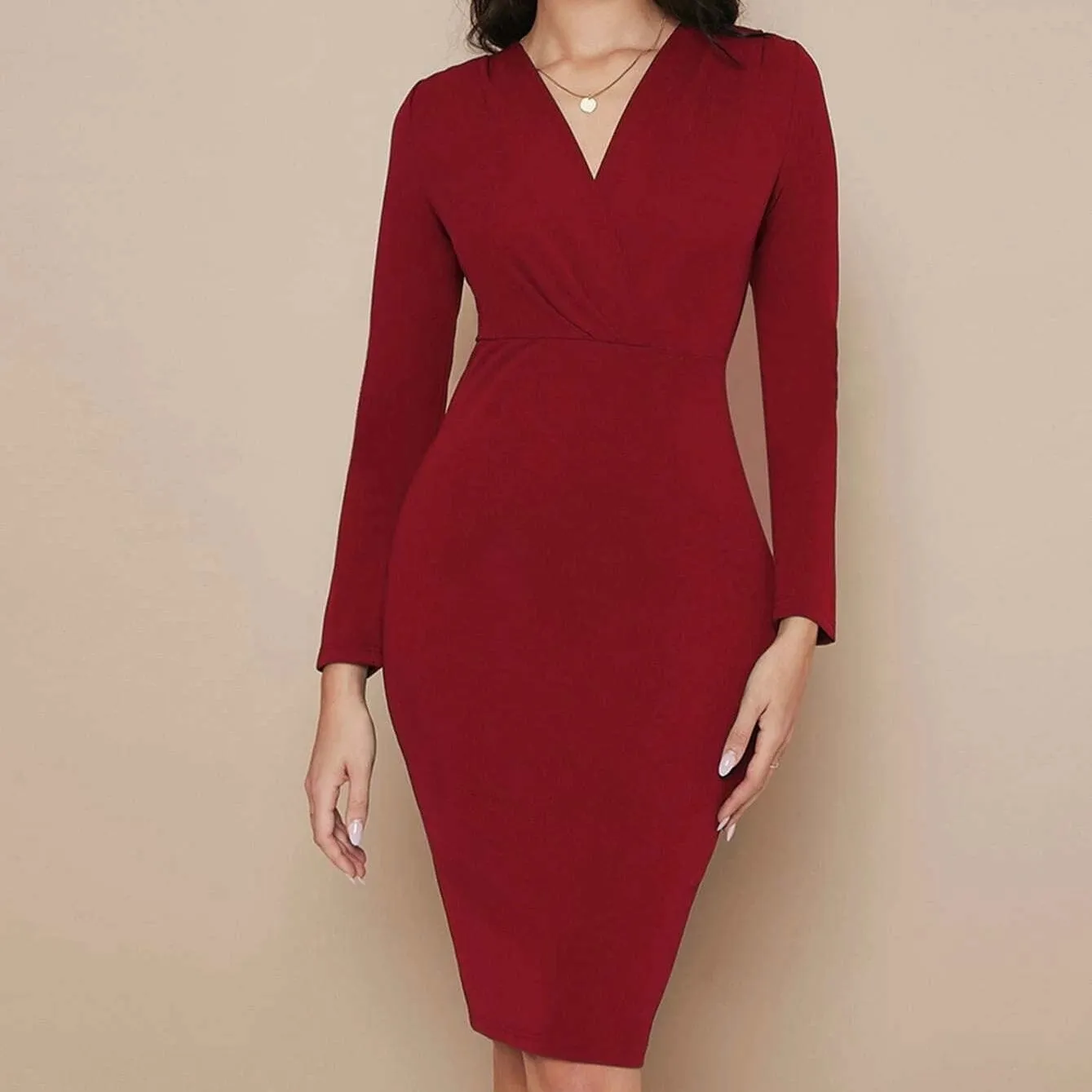 Belle Surplice Neck Split Hem Solid Dress