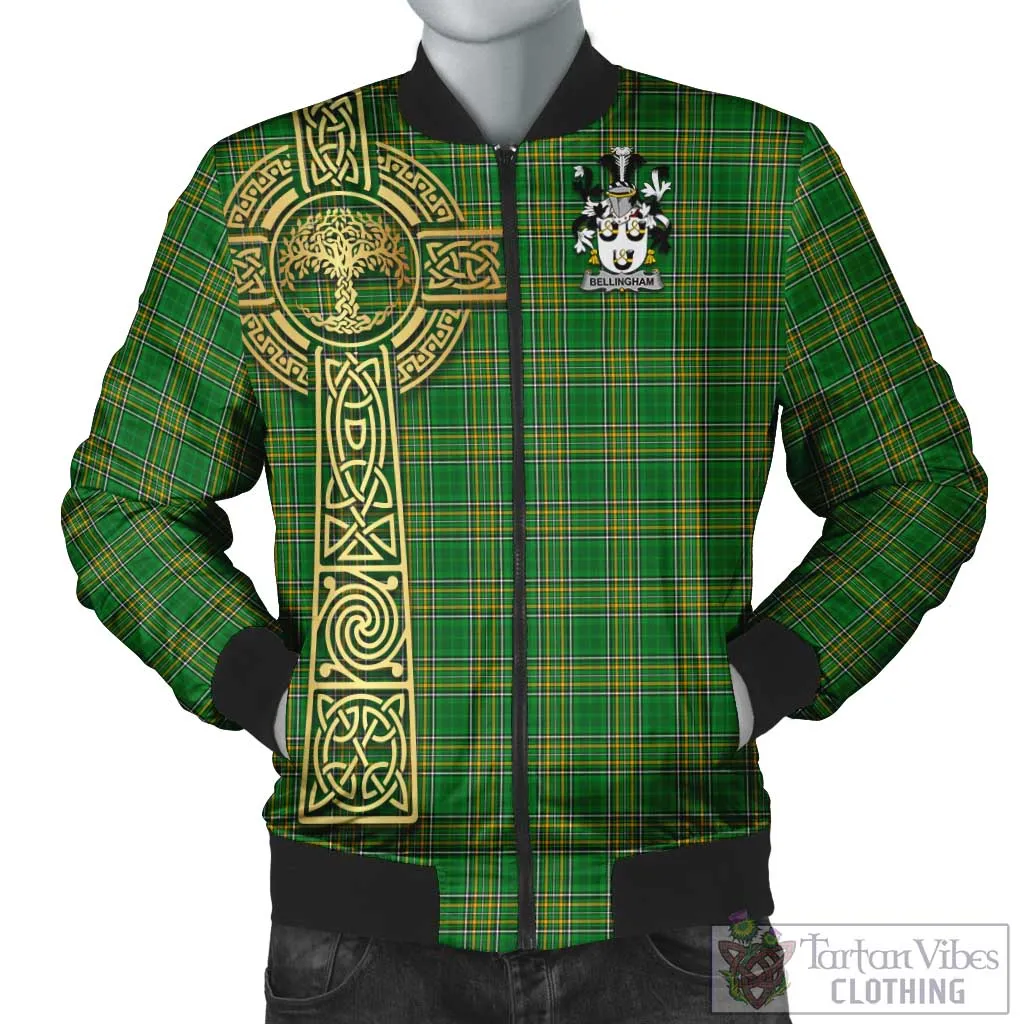 Bellingham Irish Clan Tartan Bomber Jacket with Coat of Arms Celtic Tree of Life Style