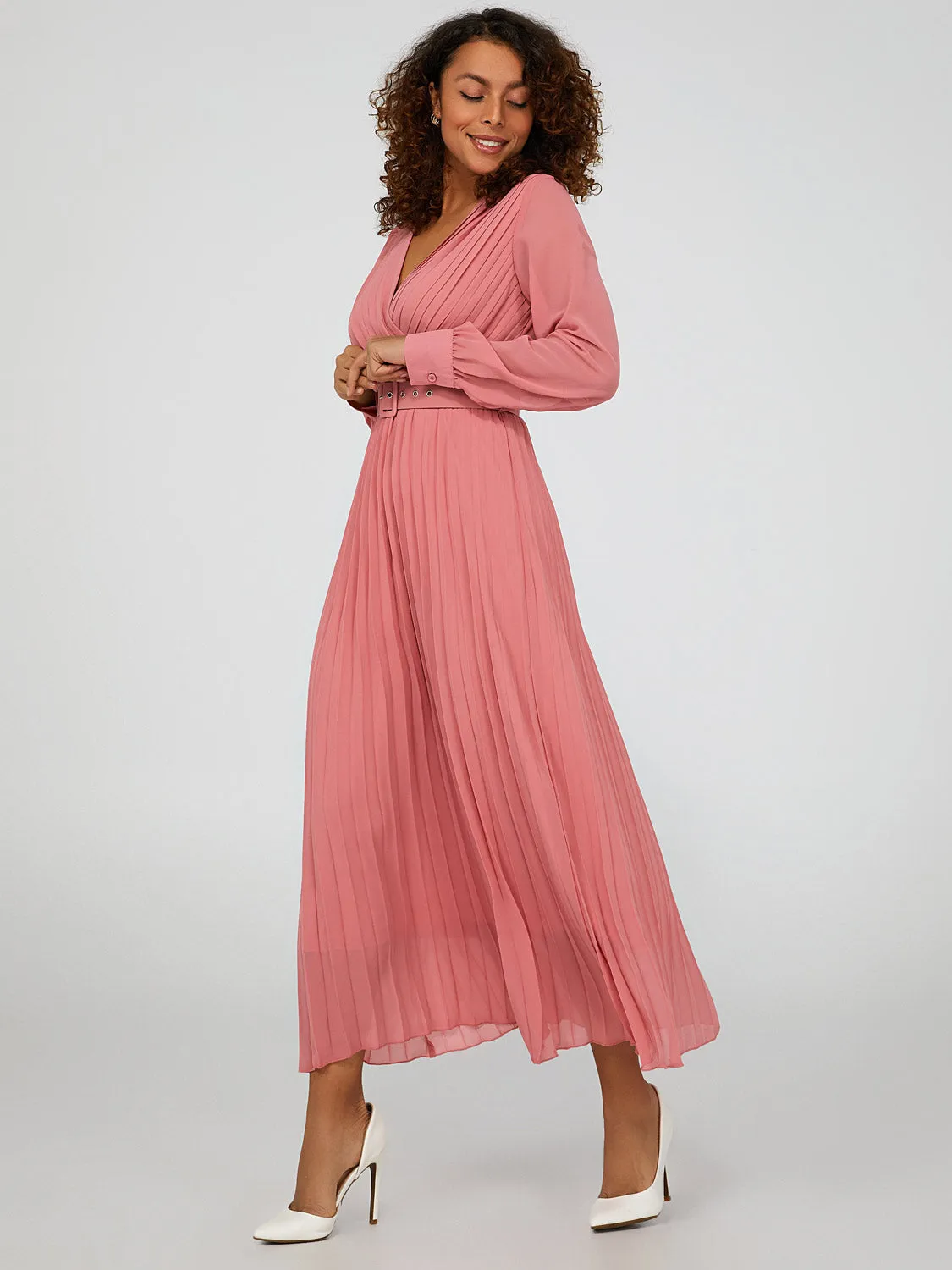 Belted Crossover Pleated Dress