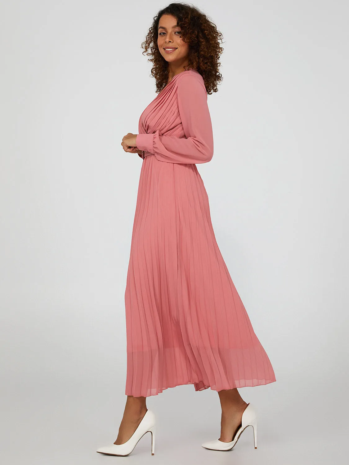 Belted Crossover Pleated Dress