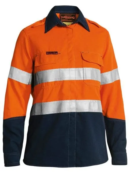 Bisley Women's Taped 2 Tone FR HiVis Lightweight Vented Long Sleeve-Orange/Navy (BL8098T)