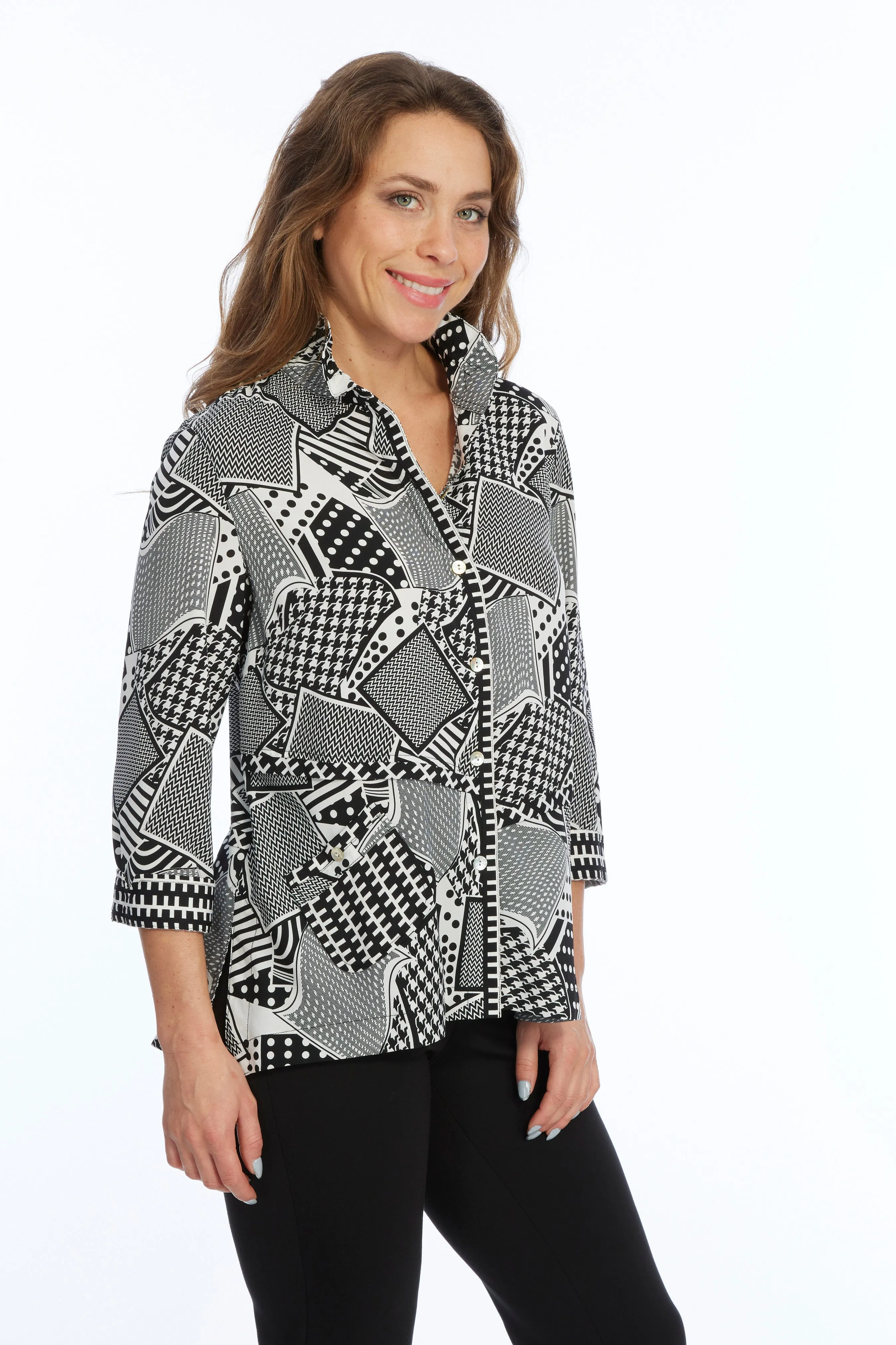 Black & White Geo Wire Collar Button Front Tunic DANA | LIOR