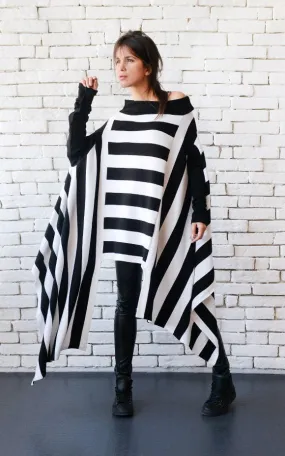 Black and White Stripe Asymmetric Tunic