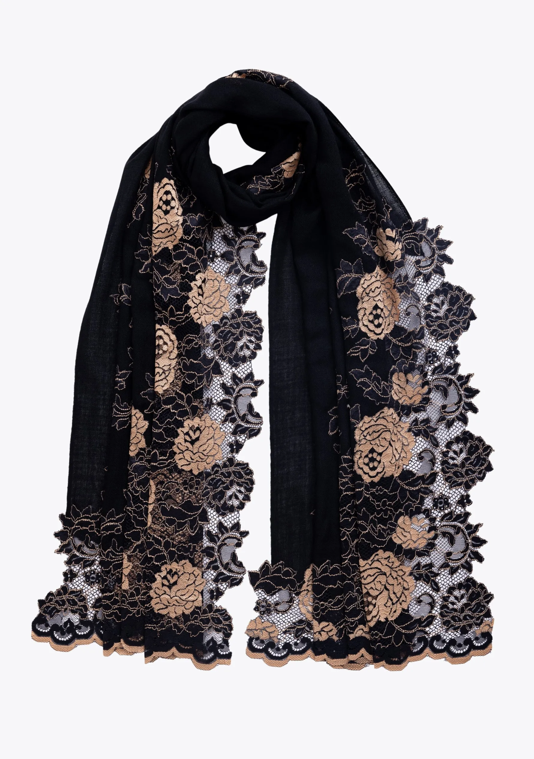 Black Cashmere Scarf with Black and Nude Chantilly Lace