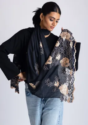 Black Cashmere Scarf with Black and Nude Chantilly Lace