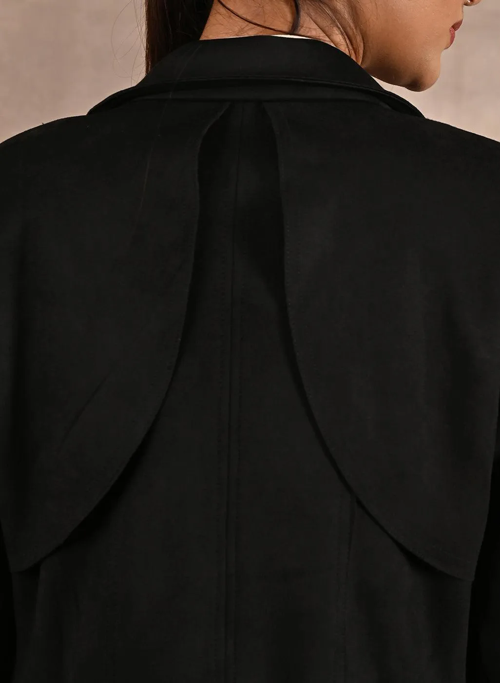 Black Long Belted Trench Coat with Fur Detailing