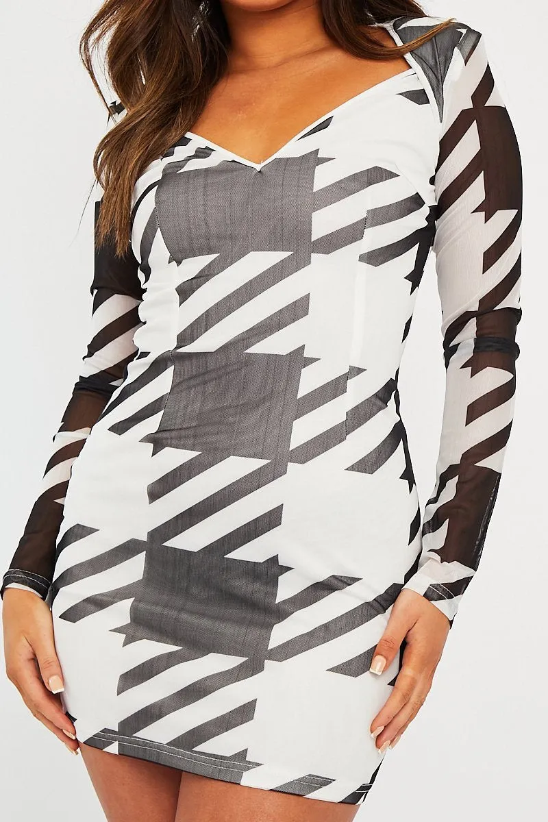 Black White Houndstooth Mesh Bodycon Dress - Caela