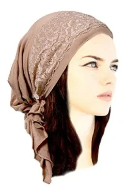 Boho Chic Artisan Head-scarf Tichel Embellished with Wide Floral Lace (Beige nude lace - 380)