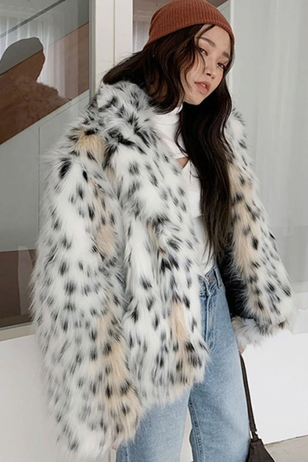 Boho Winter Coat, Fur Coat, Faux Fox Fur, Short White Leopard