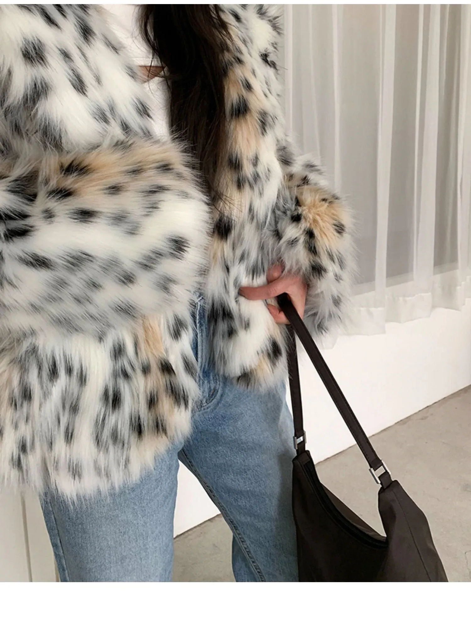 Boho Winter Coat, Fur Coat, Faux Fox Fur, Short White Leopard