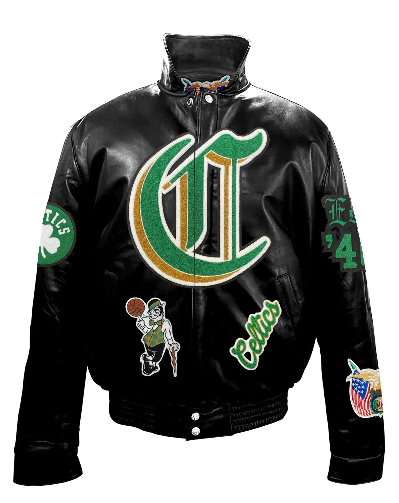 BOSTON CELTICS FULL LEATHER PUFFER OLD ENGLISH JACKET Black