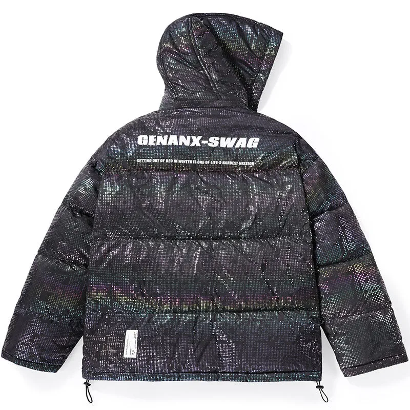 Bright Letter Print Glossy Hooded Down Jacket