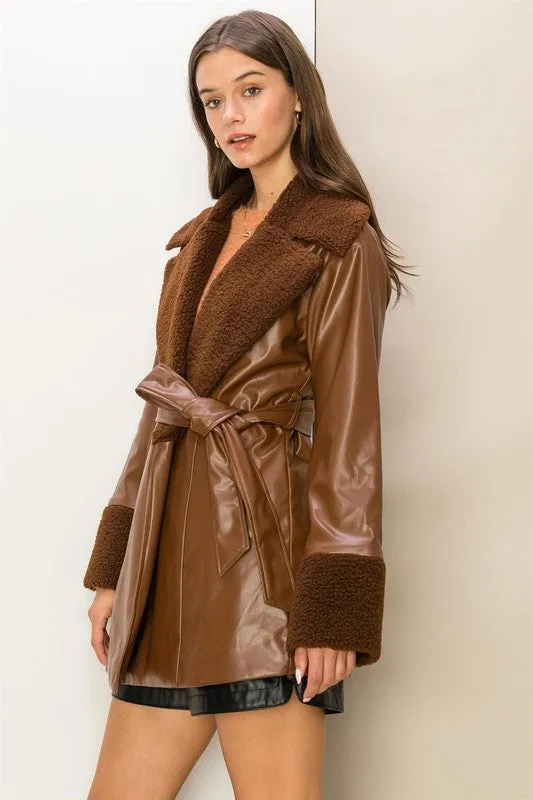 Brown Cool Intentions Faux Fur Pu Tie Waist Coat