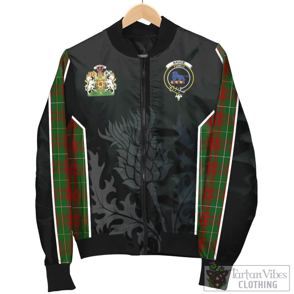 Bruce Hunting Tartan Bomber Jacket with Family Crest and Scottish Thistle Vibes Sport Style