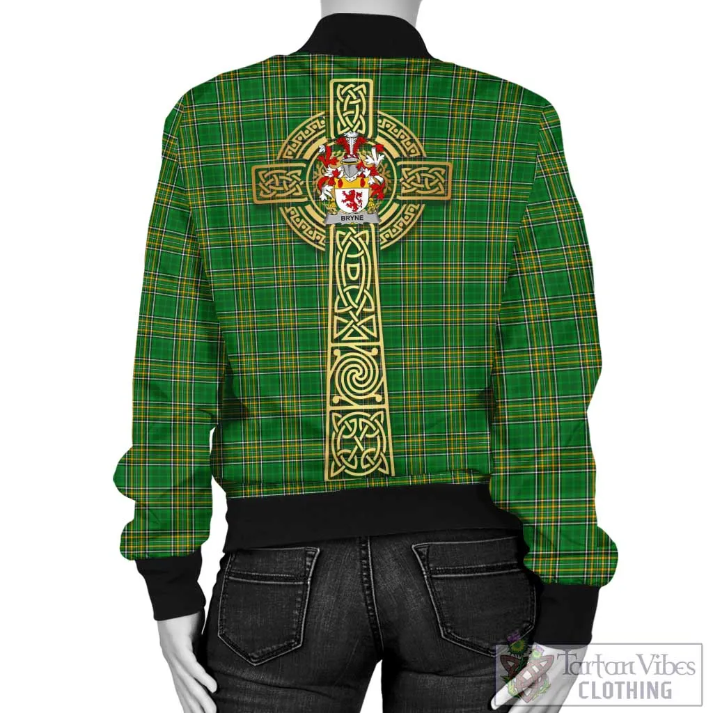 Bryne Irish Clan Tartan Bomber Jacket with Coat of Arms Celtic Tree of Life Style