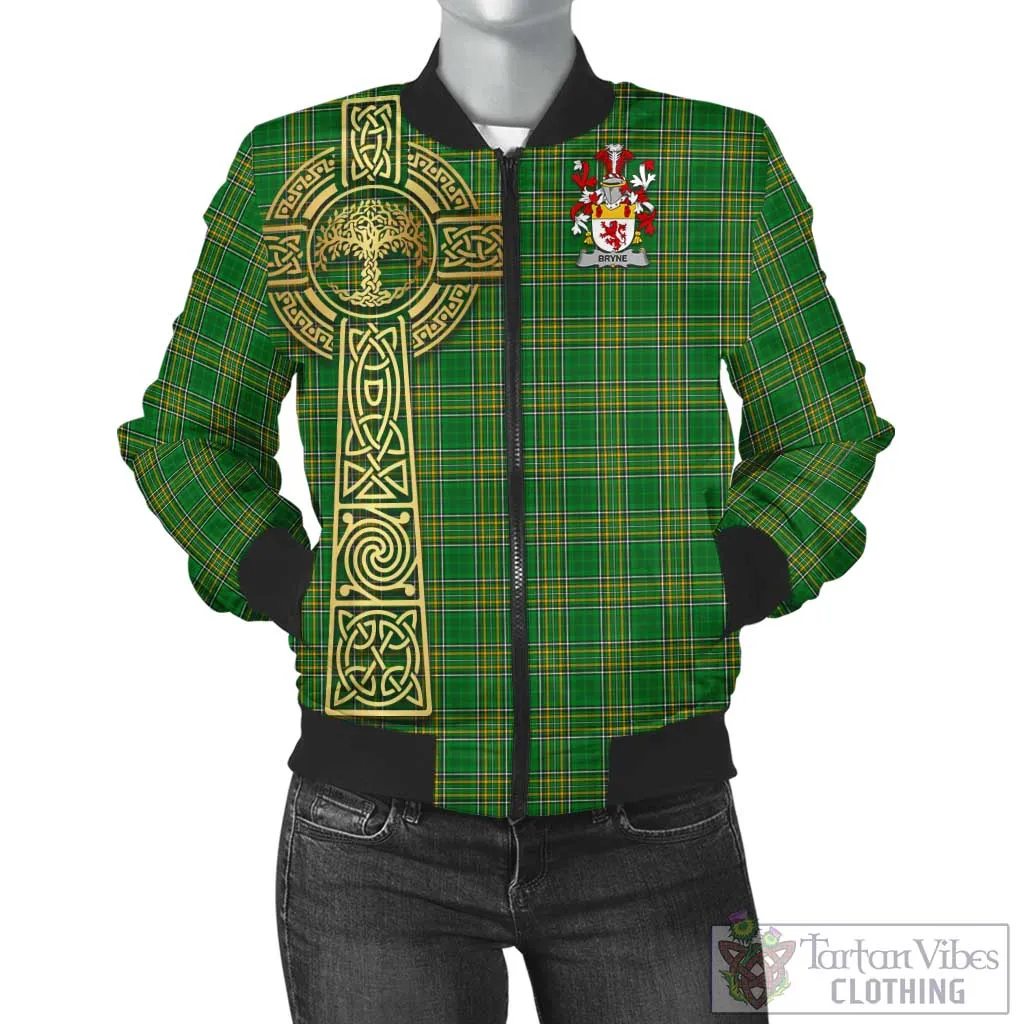 Bryne Irish Clan Tartan Bomber Jacket with Coat of Arms Celtic Tree of Life Style