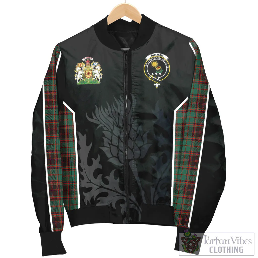 Buchan Ancient Tartan Bomber Jacket with Family Crest and Scottish Thistle Vibes Sport Style