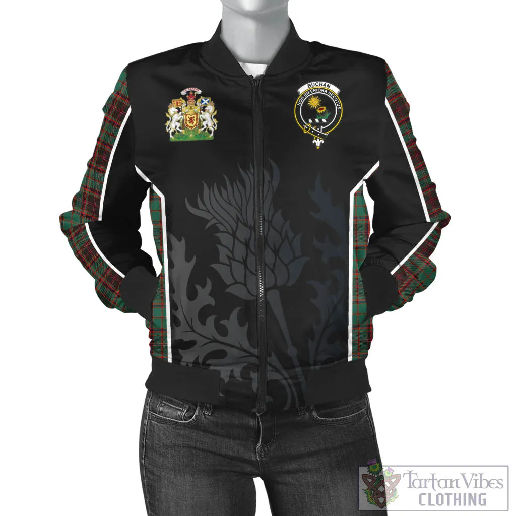 Buchan Ancient Tartan Bomber Jacket with Family Crest and Scottish Thistle Vibes Sport Style