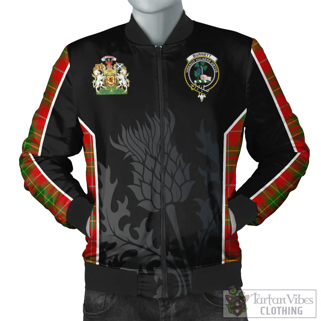 Burnett Tartan Bomber Jacket with Family Crest and Scottish Thistle Vibes Sport Style