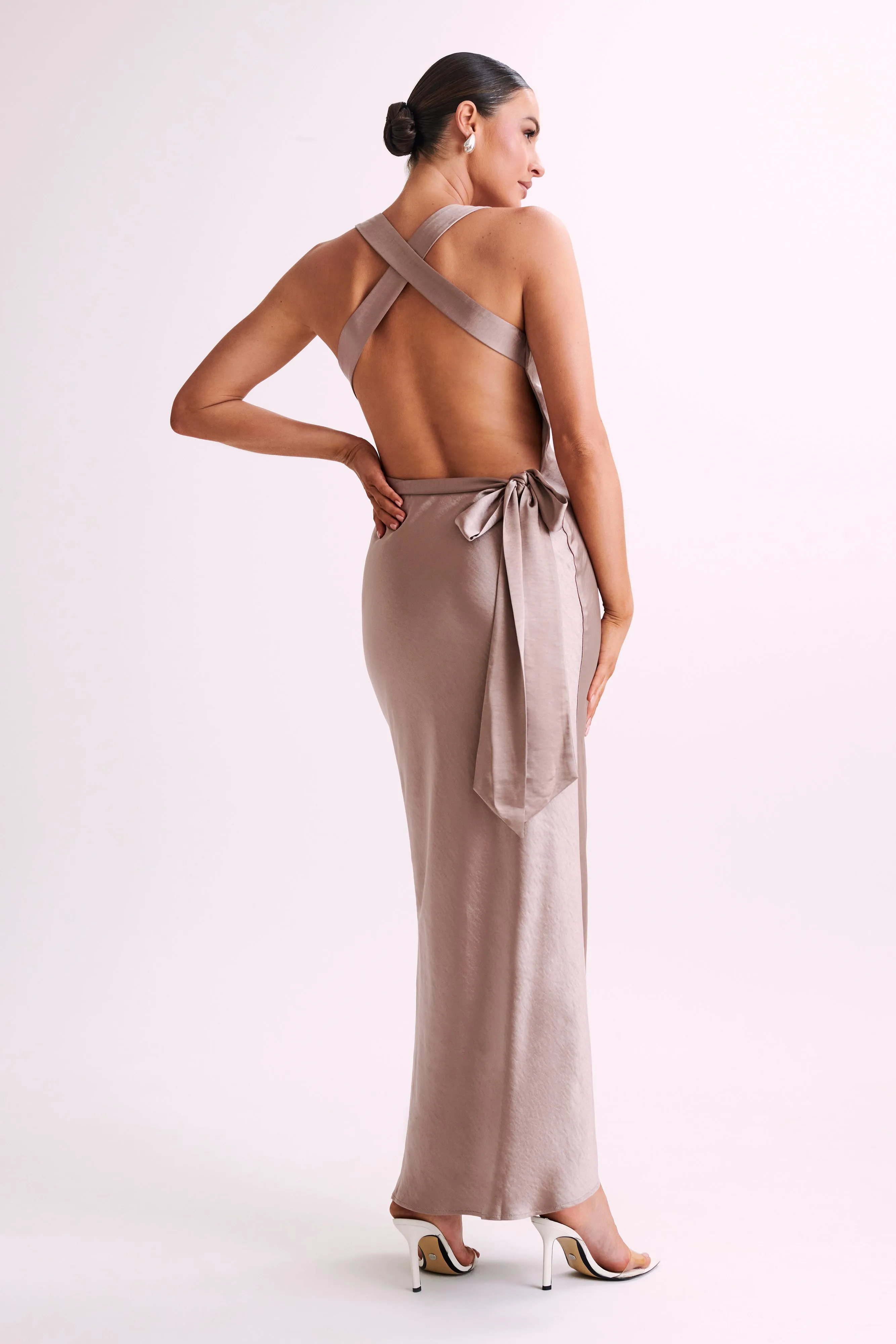 Caellie Satin Cowl Maxi Dress - Taupe