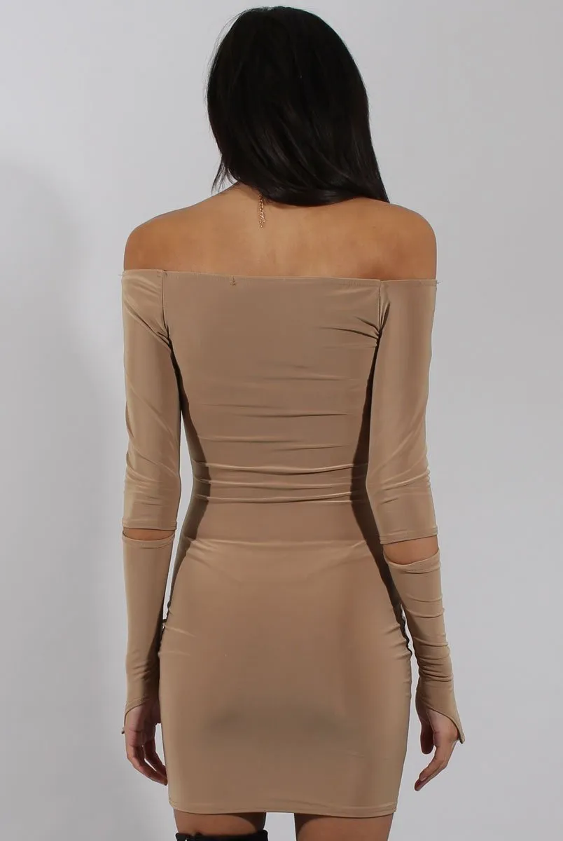 Caramel Bardot Cut Out Elbow Dress - Jodie