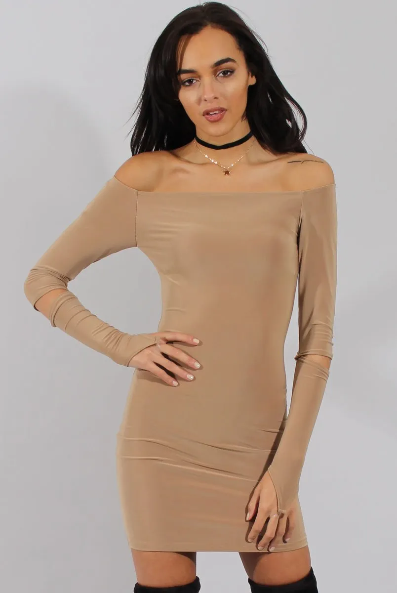 Caramel Bardot Cut Out Elbow Dress - Jodie