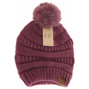 C.C. Beanie Knit Matching Faux Fur Pom Beanie-Coco Berry