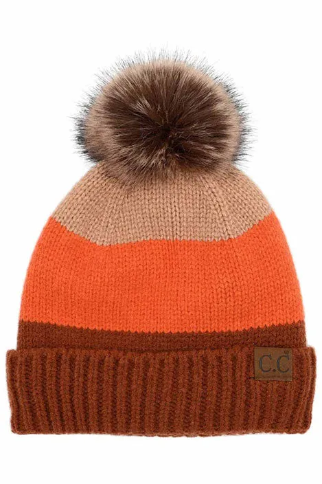 C.C Multi Color Block Stripes Pom Beanie