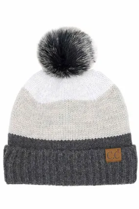 C.C Multi Color Block Stripes Pom Beanie