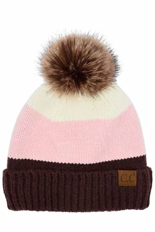 C.C Multi Color Block Stripes Pom Beanie